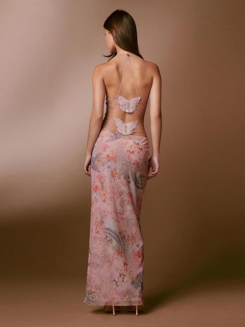 Floral Print Halter Butterfly Back Dress