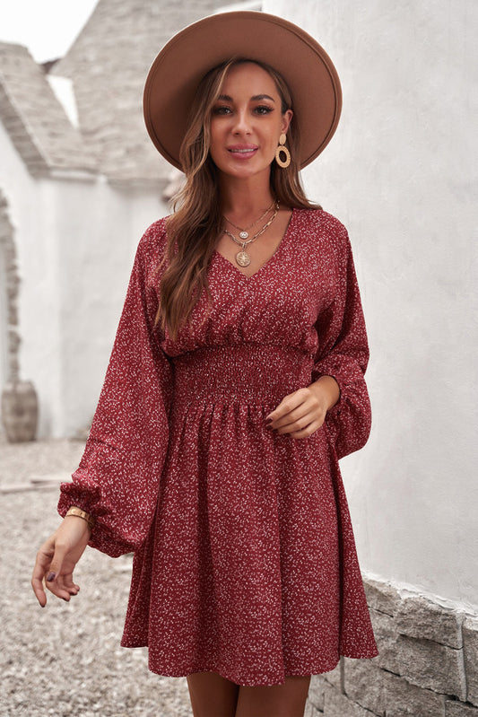 Polka Dot V-neck Long Sleeve Pleated Waist Dress