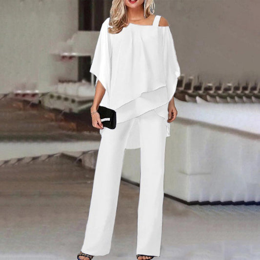 Asymmetrical Batwing Sleeve Top & Straight Trousers Co-ord Set