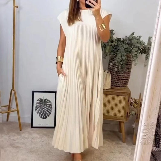 Short Sleeve Pleated Long Round Neck Summer Dress