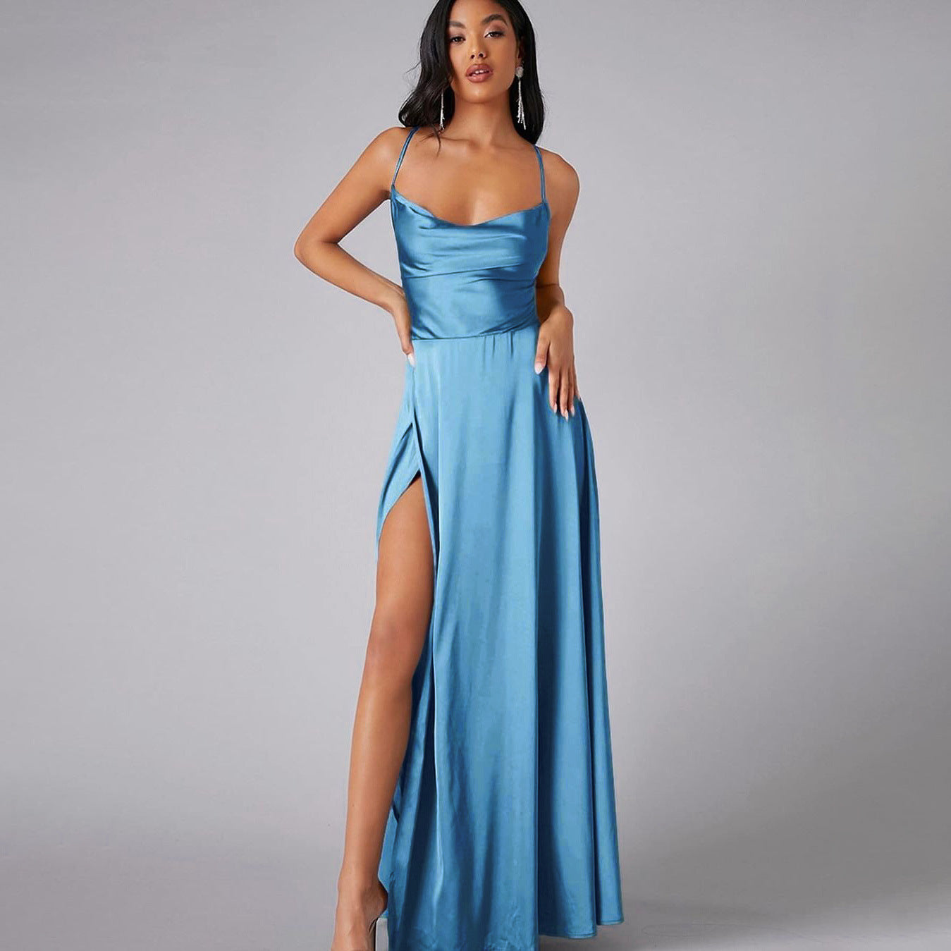 Satin Cowl Neck Wrap Style Gown Dress