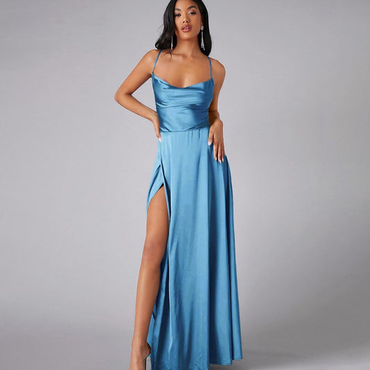Satin Cowl Neck Wrap Style Gown Dress