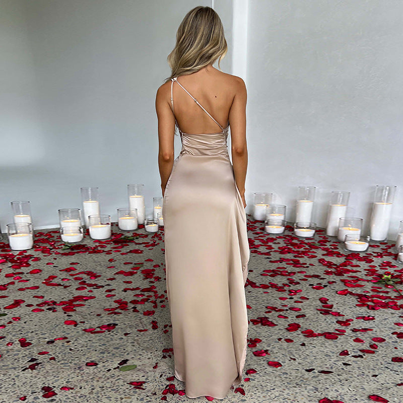 One-shoulder Slit Satin Dress