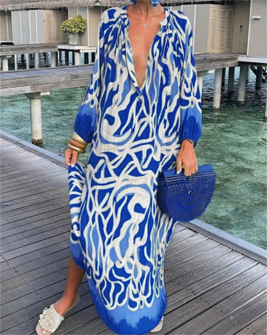 Printed Long Sleeve V-Neck Swing Loose Long Dress