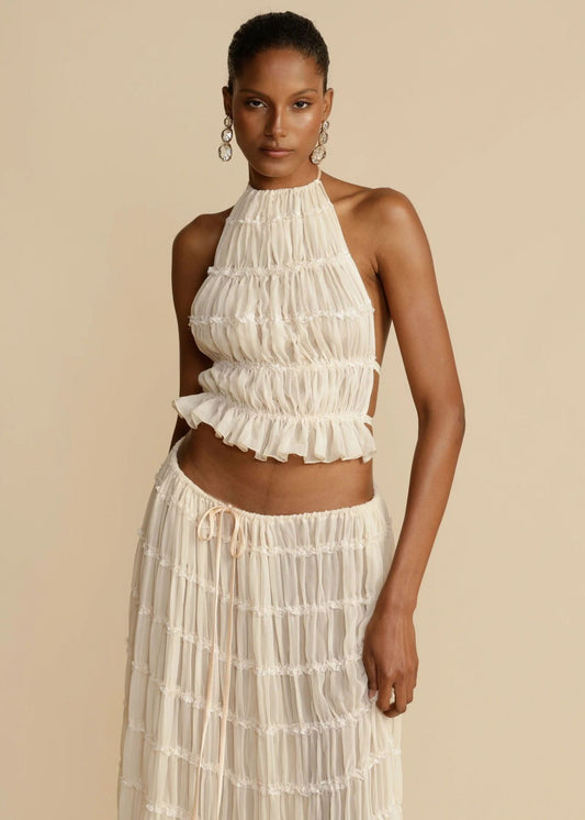 Sheer Backless Cropped Halter Top And Pleated Long Dress Co-ord Set