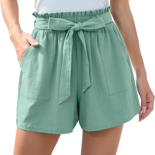 Ruffle Bow Waist Tie Shorts With Pockets