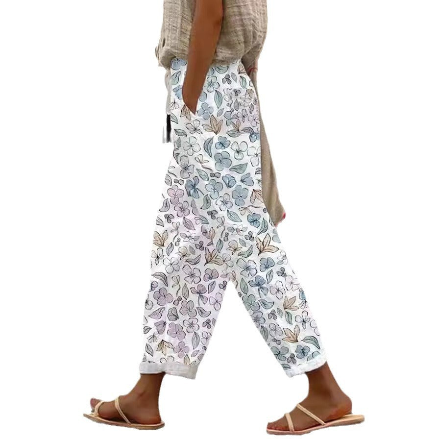 Casual Printed Elastic Waist Cropped Straight Pants with Pocket