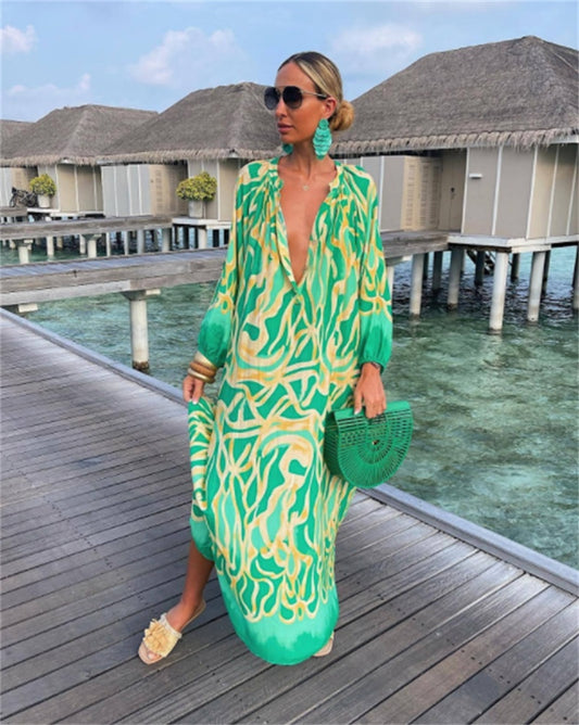 Printed Long Sleeve V-Neck Swing Loose Long Dress