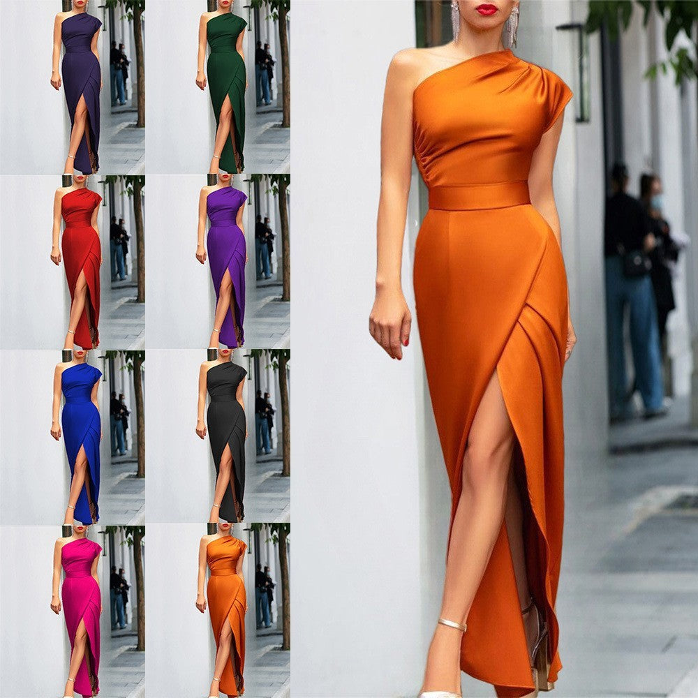 One-shoulder High Waist Front Slit Dress