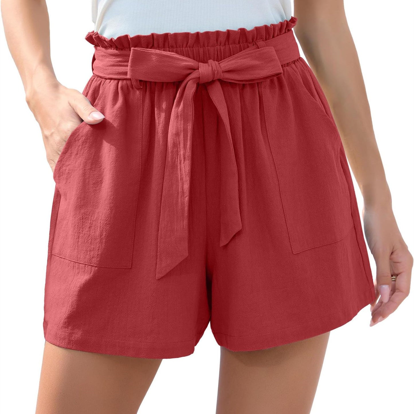 Ruffle Bow Waist Tie Shorts With Pockets