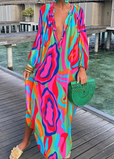 Printed Long Sleeve V-Neck Swing Loose Long Dress
