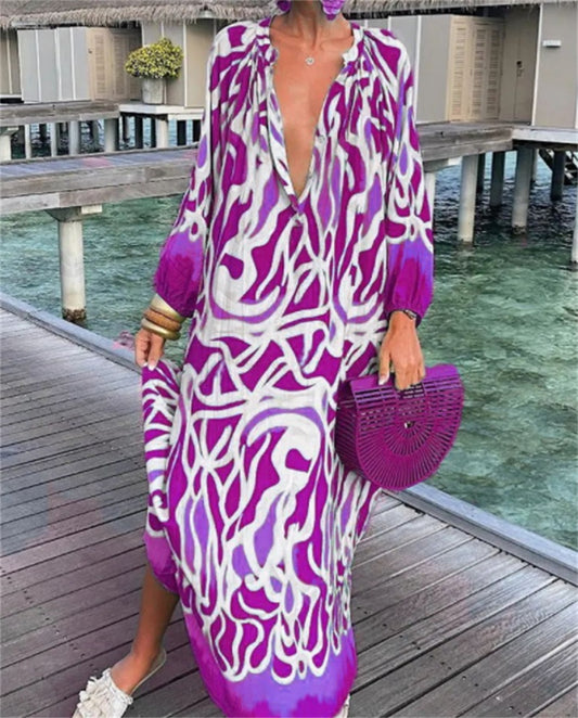 Printed Long Sleeve V-Neck Swing Loose Long Dress