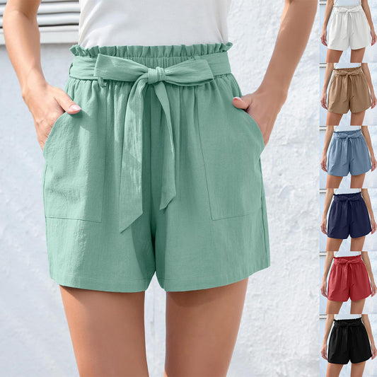 Ruffle Bow Waist Tie Shorts With Pockets