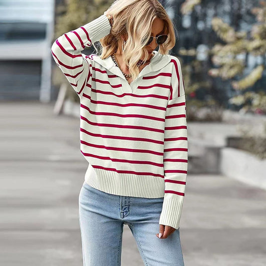 V-neck Long Sleeve Striped Sweater Top