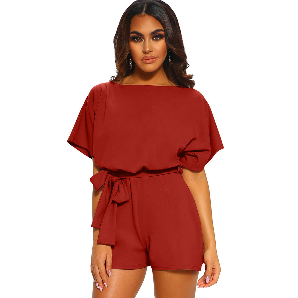 Round Neck Short-sleeved Waist Tie-up Jumpsuit