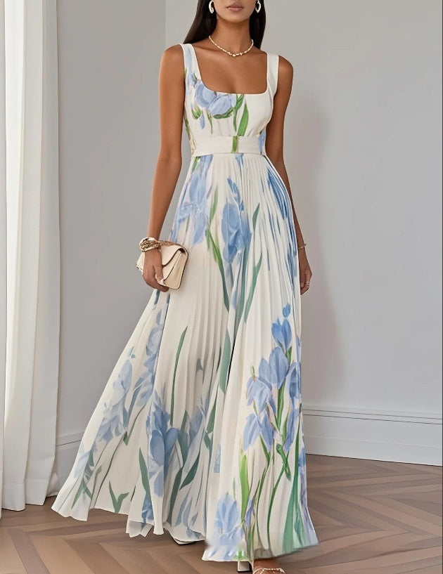 Pleated Floral Printed Long Dress