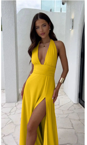 Backless Strappy Halterneck Slit Dress