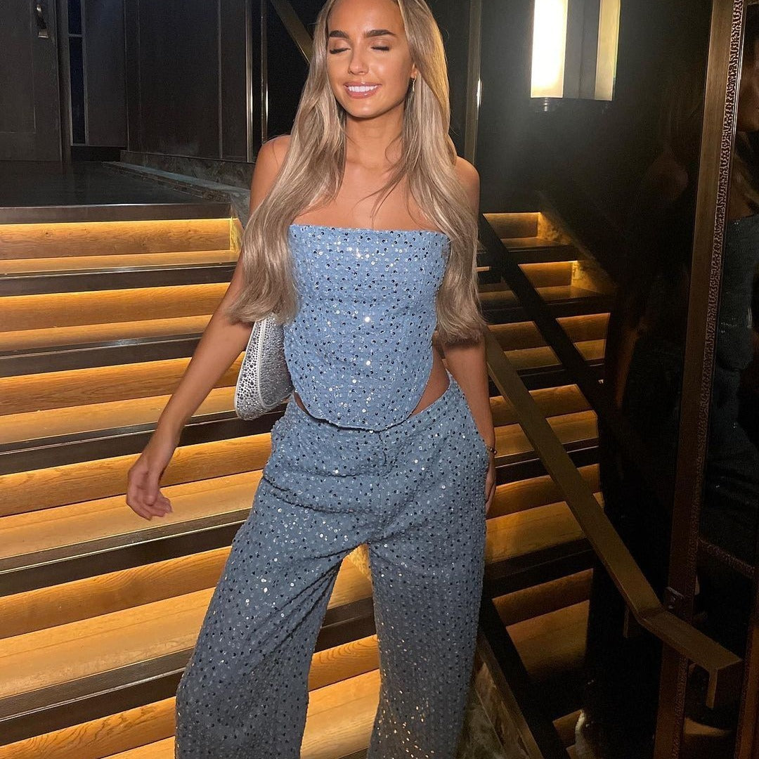 Sexy Denim Sequined Slim-fit Co-ord Set