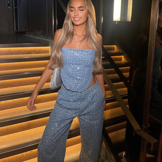 Sexy Denim Sequined Slim-fit Co-ord Set
