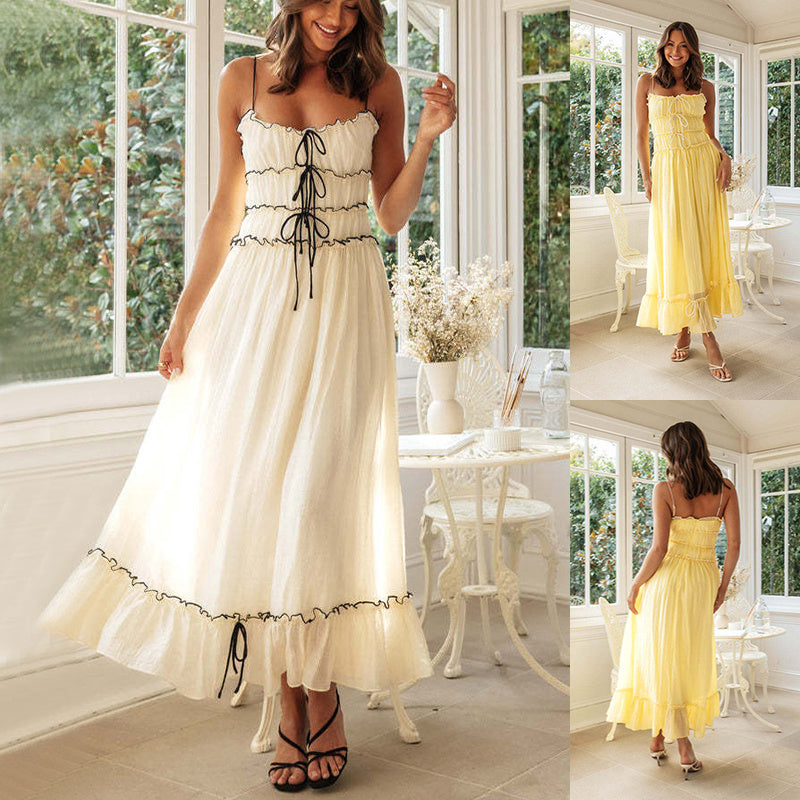 Spaghetti Strap Long Dresse With Bow Pleat