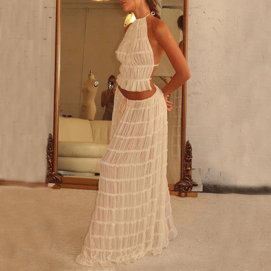 Sheer Backless Cropped Halter Top And Pleated Long Dress Co-ord Set