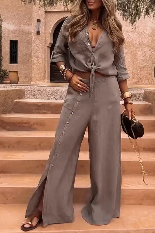 Lapel Shirt & Slit Button Trousers Co-ord Set