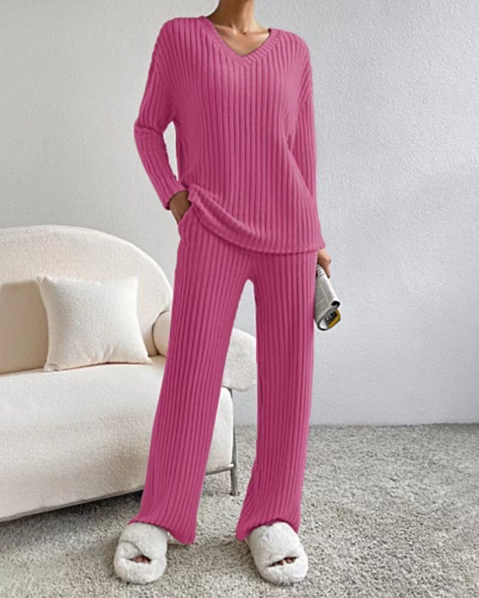 Solid Striped V-neck Long-sleeved Top & Casual Straight Pants Co-ord Set