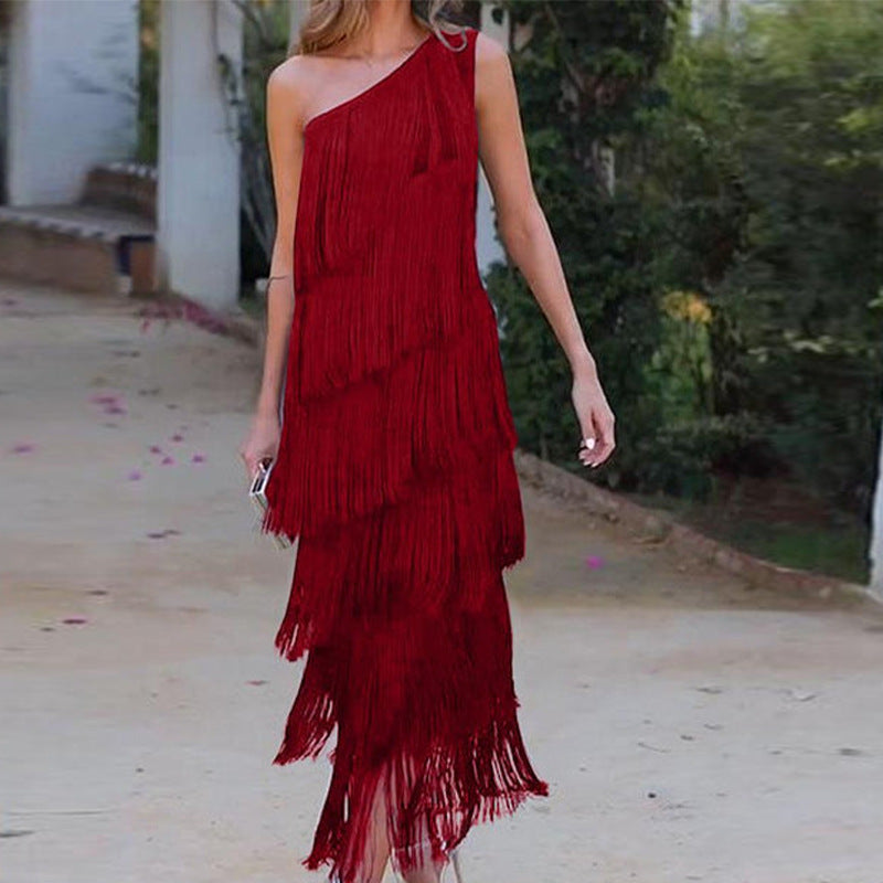 Tassel Tiered One-shoulder Dress
