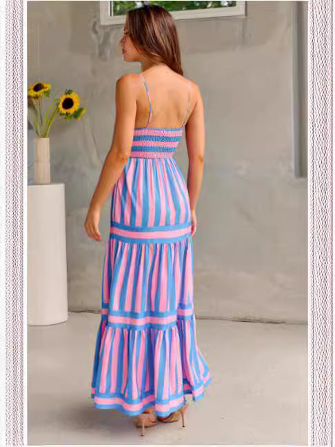 Striped Printed Long Summer Dress With Pockets