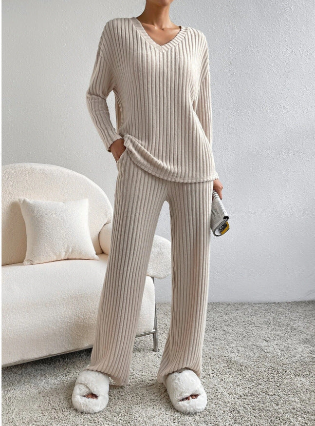 Solid Striped V-neck Long-sleeved Top & Casual Straight Pants Co-ord Set