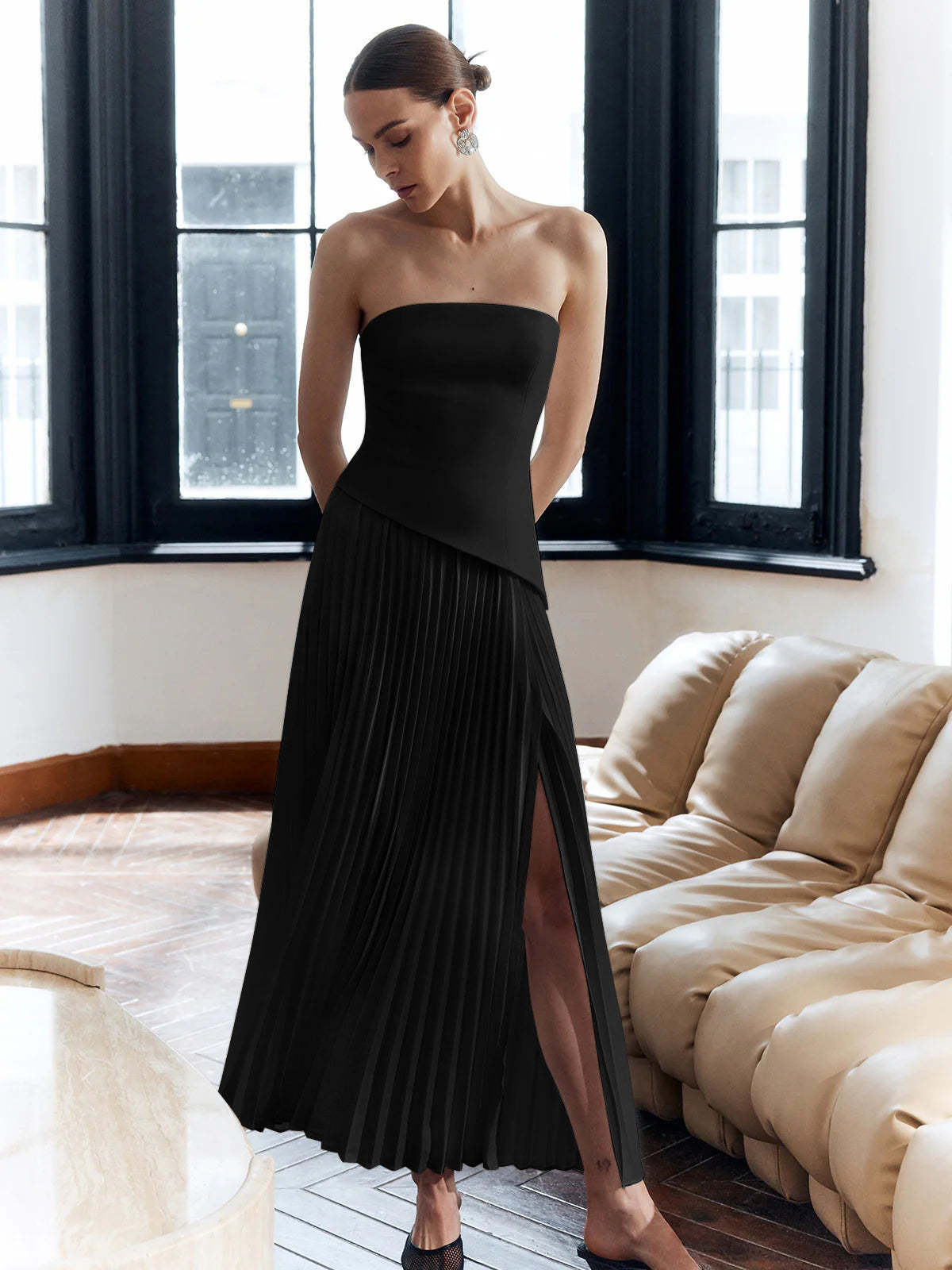 Tube Asymmetric Gathered Dress with Stole