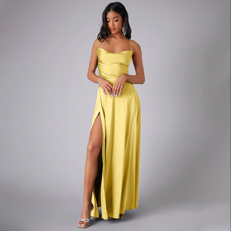 Satin Cowl Neck Wrap Style Gown Dress