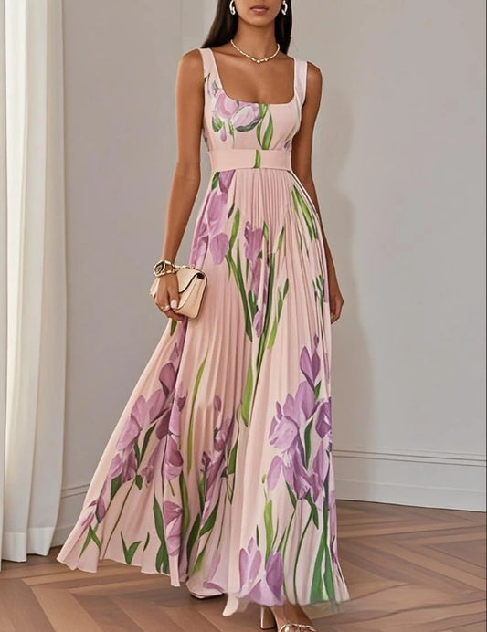 Pleated Floral Printed Long Dress