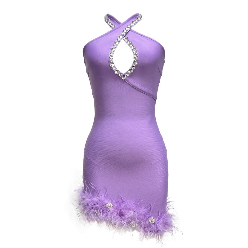 Halter Rhinestone Feather Dress