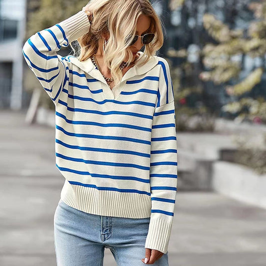 V-neck Long Sleeve Striped Sweater Top