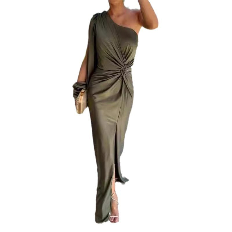 One Shoulder Knot Slit Solid Color Slim Fit Dress