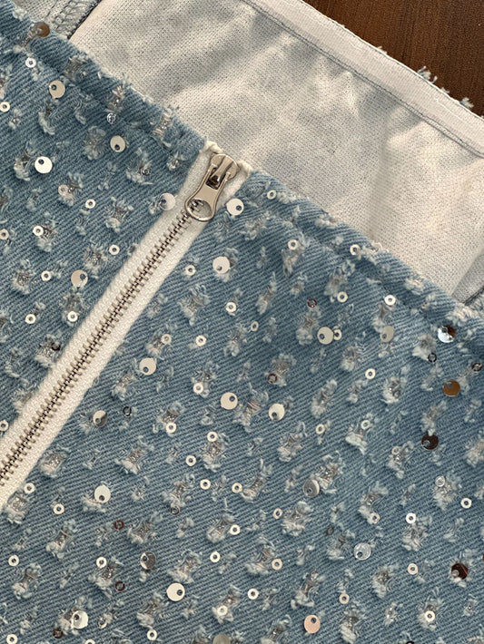 Sexy Denim Sequined Slim-fit Co-ord Set