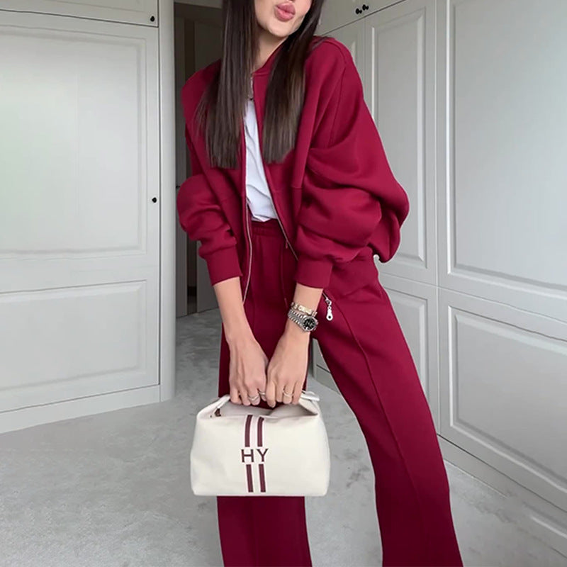 Solid Color Loose Zip Sweater & Casual Trousers Co-ord Set