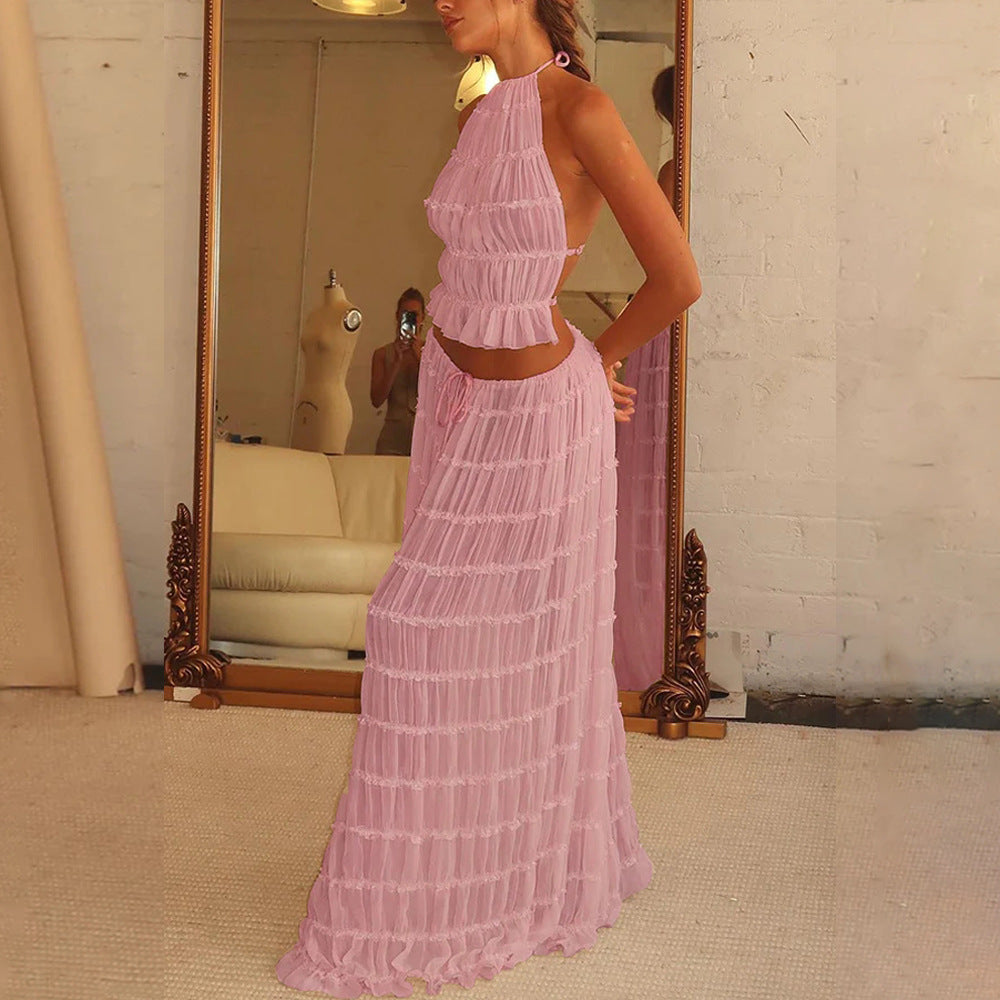 Sheer Backless Cropped Halter Top And Pleated Long Dress Co-ord Set