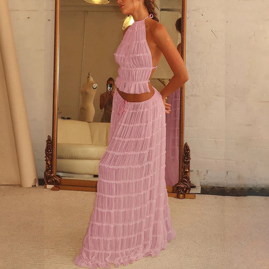 Sheer Backless Cropped Halter Top And Pleated Long Dress Co-ord Set