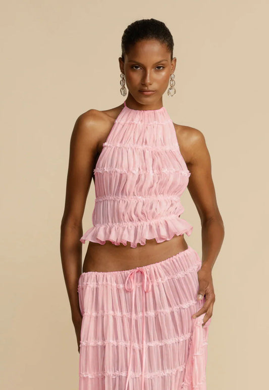 Sheer Backless Cropped Halter Top And Pleated Long Dress Co-ord Set