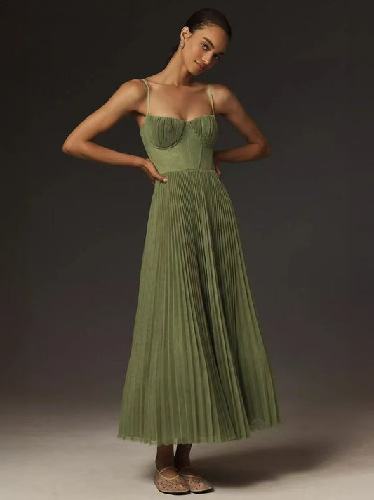 Sling Backless Strappy Midi Pleated Dress