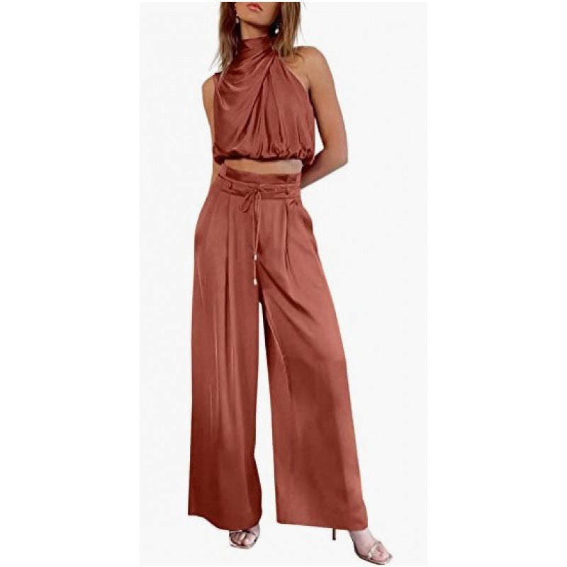 Sleeveless Midriff-baring Top & Wide Leg Pants Co-ord Set