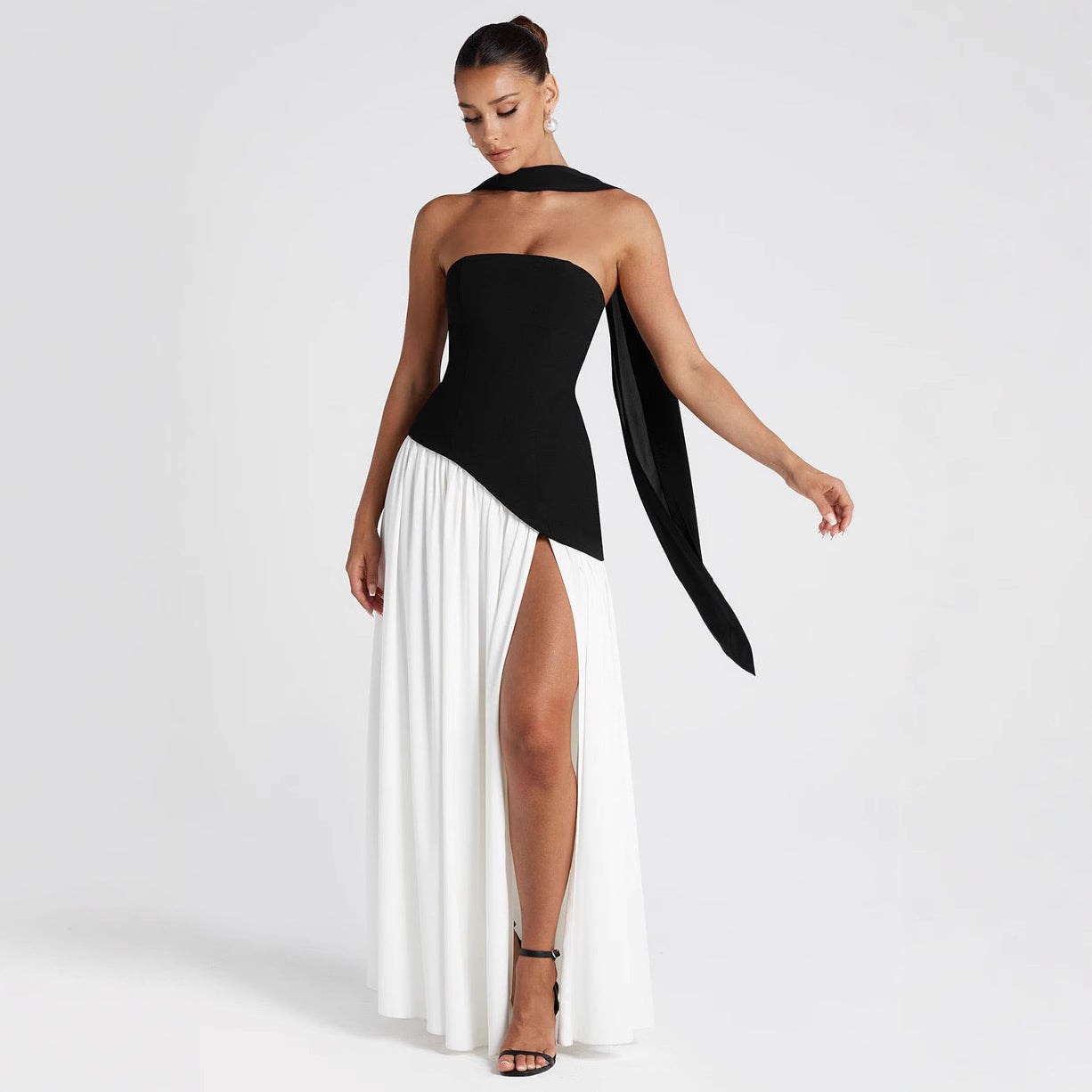 Tube Asymmetric Gathered Dress with Stole