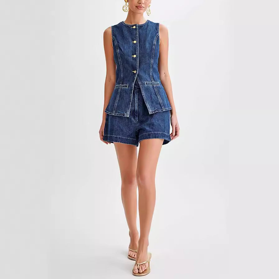 Denim Sleeveless Button Vest Top And High Waist Shorts Set