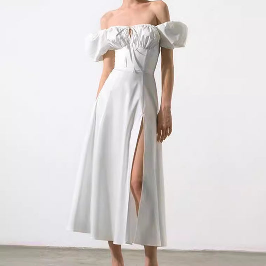 Lace-up Solid Color Puff Sleeve Slit Dress