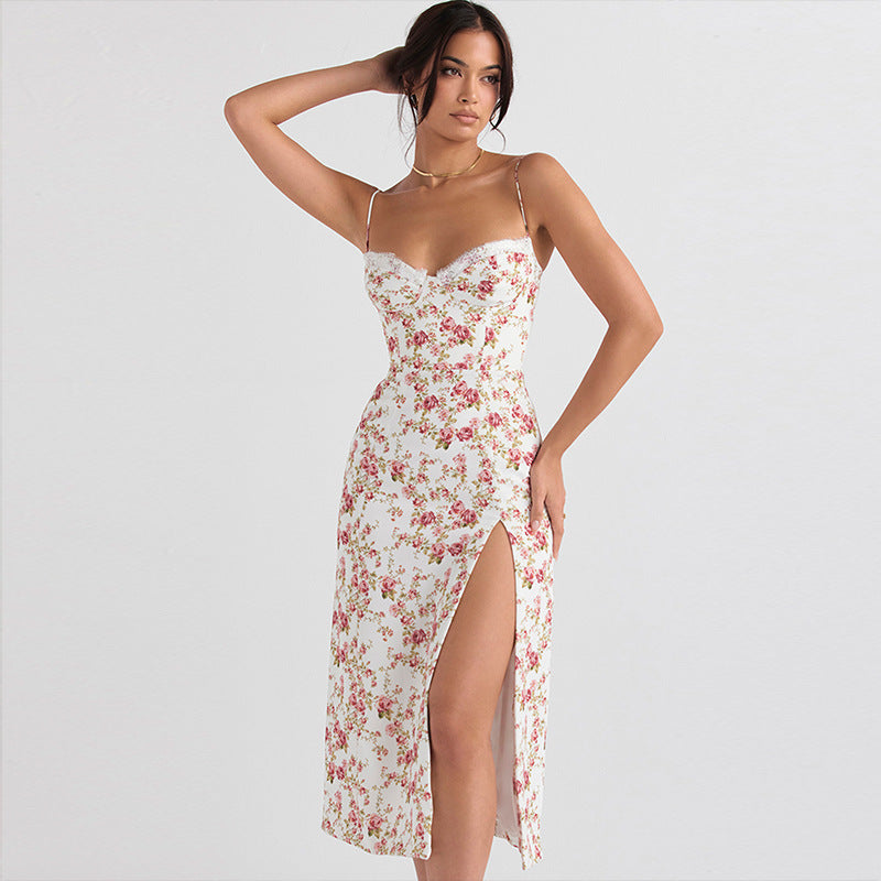 Lace Flowers Print Long Slit Dress