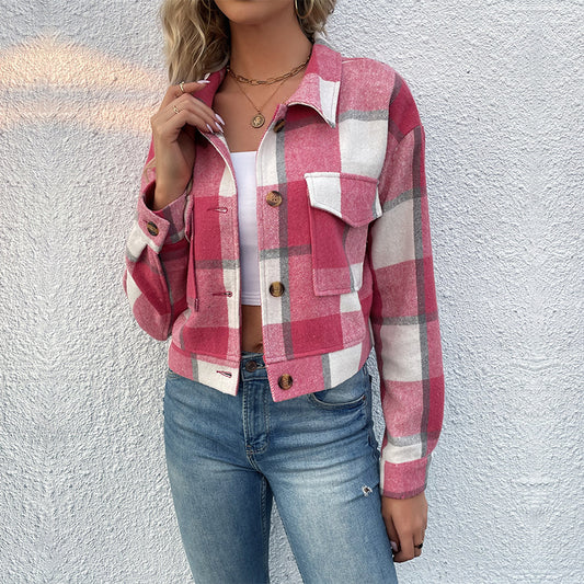 Plaid Lapel Cropped Jacket With Pockets