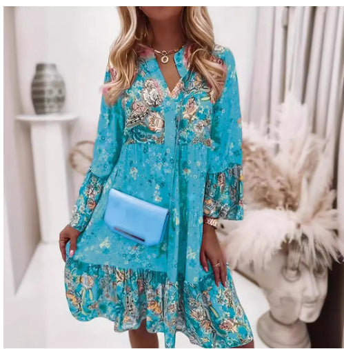 Printed Splicing Skirt Layered Mini Dress