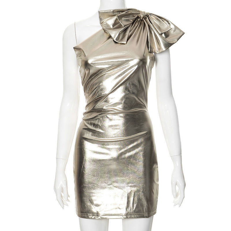 Bow Shoulder Metallic Dress